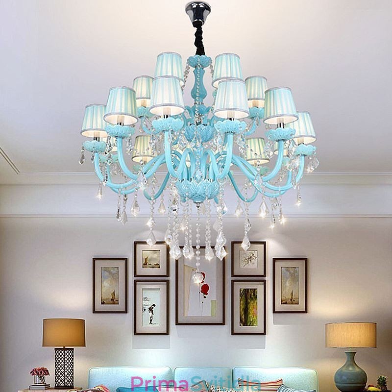 Evropský velký křišťálový lustr Závěsné světlo modré barvy