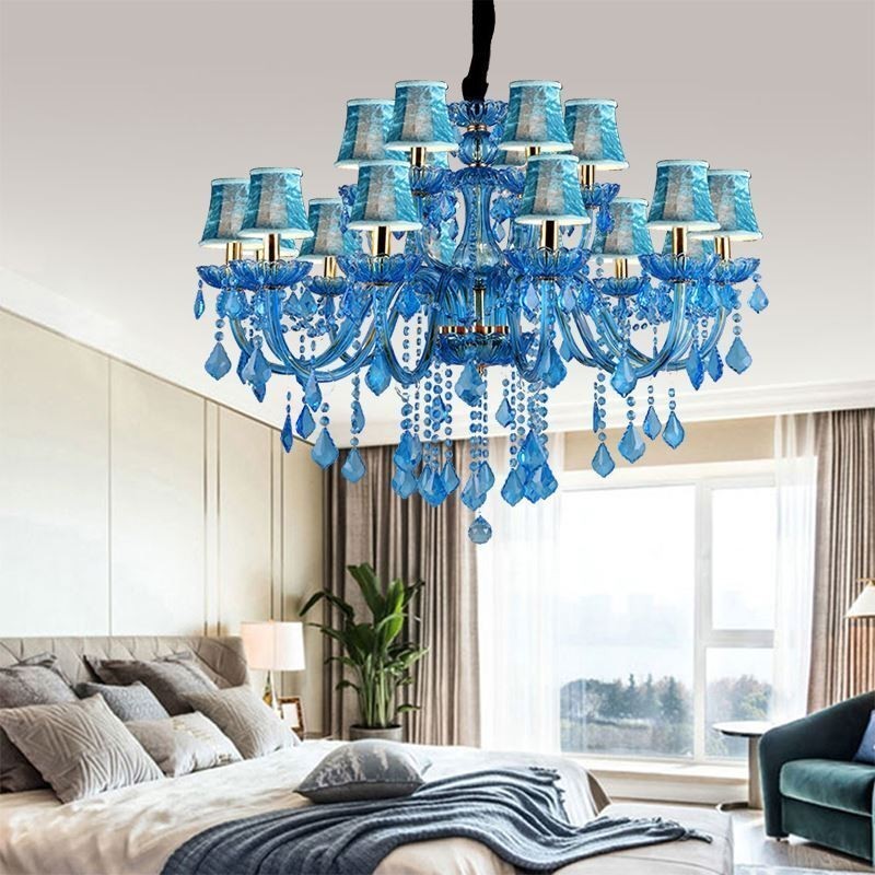 Elegantní křišťálový lustr Evropské modré závěsné světlo