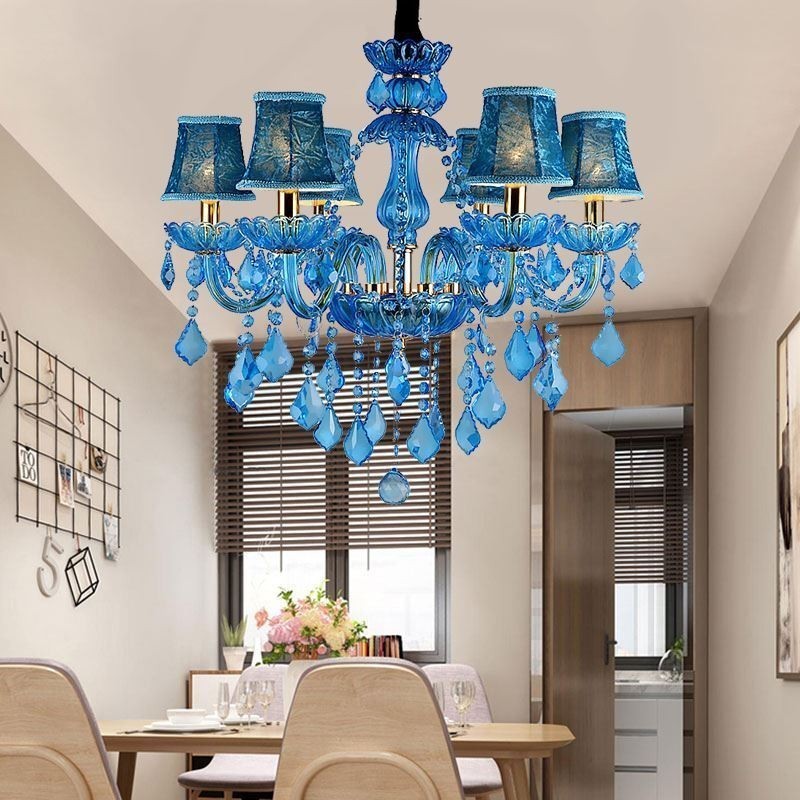 Elegantní křišťálový lustr Evropské modré závěsné světlo
