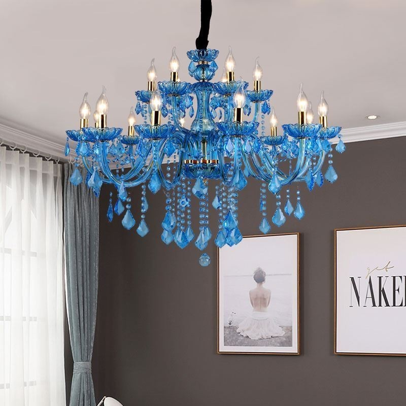 Elegantní křišťálový lustr Evropské modré závěsné světlo