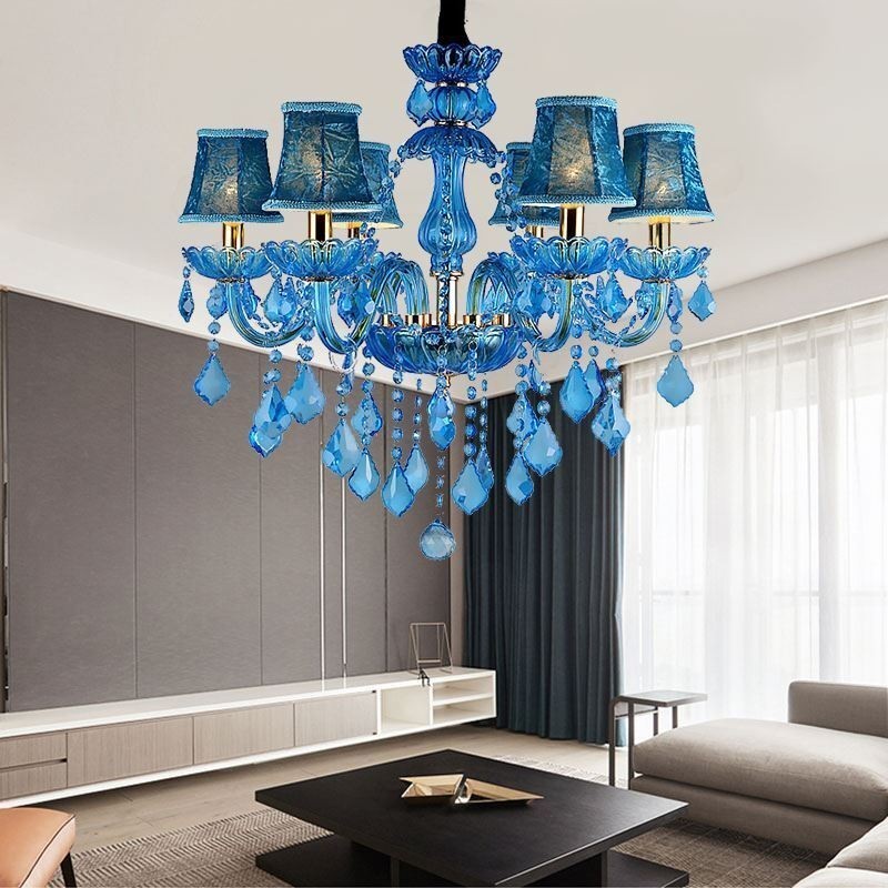 Elegantní křišťálový lustr Evropské modré závěsné světlo
