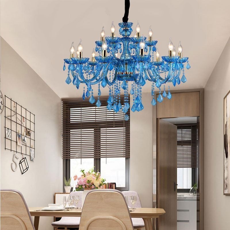 Elegantní křišťálový lustr Evropské modré závěsné světlo