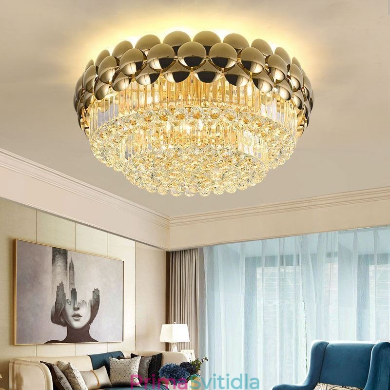 Křišťálové zapuštěné kulaté galvanicky pokovené zlaté luxusní dekorativní stropní svítidlo 80 cm