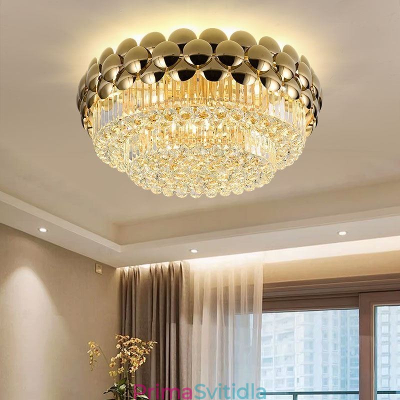 Křišťálové zapuštěné kulaté galvanicky pokovené zlaté luxusní dekorativní stropní svítidlo 80 cm