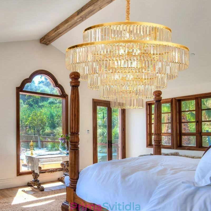 Zlaté křišťálové závěsné svítidlo 5 úrovní stropní osvětlení 7 světel