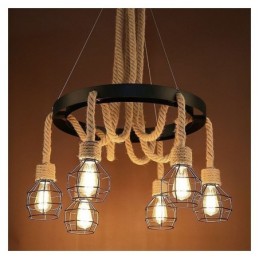 Retro styl 6hlavý závěsný lustr z konopného lana s železným stínidlem