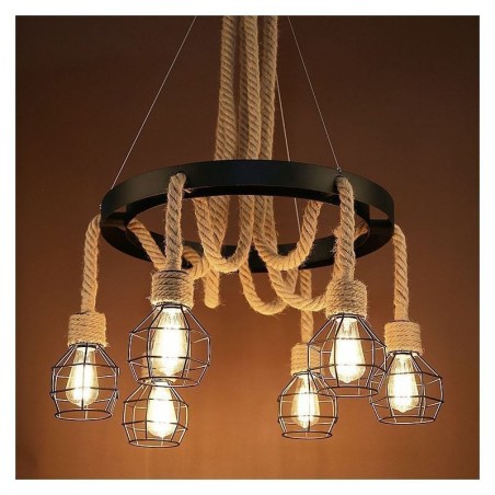 Retro styl 6hlavý závěsný lustr z konopného lana s železným stínidlem Retro styl 6hlavý závěsný lustr z konopného lana s železným stínidlem