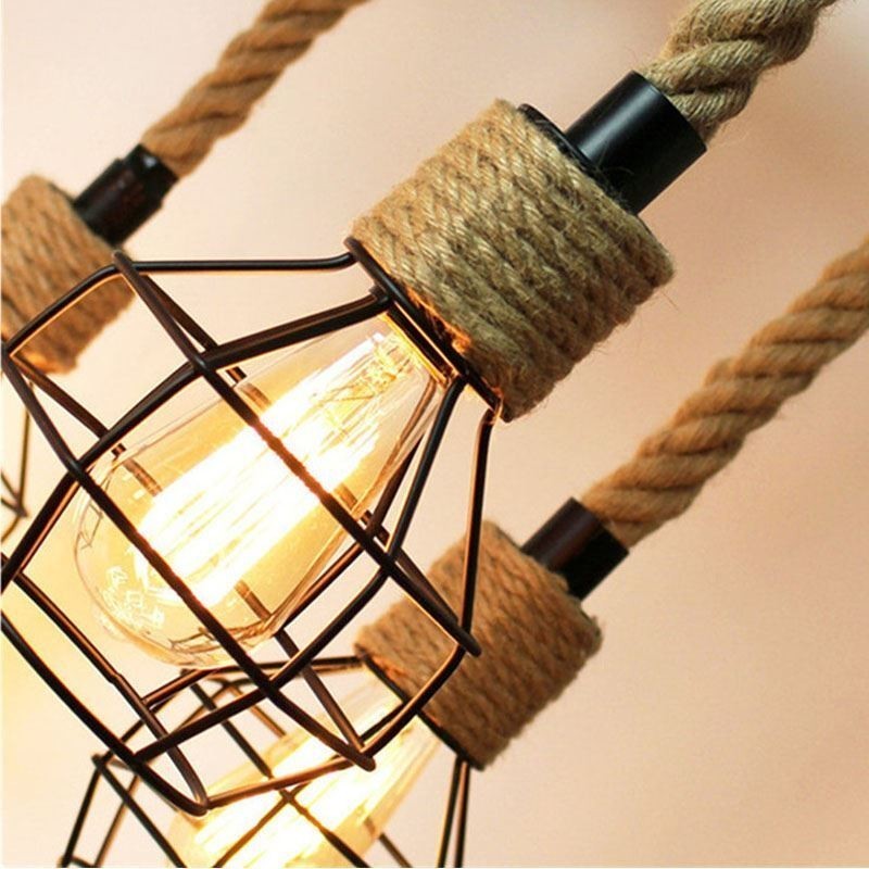 Retro styl 6hlavý závěsný lustr z konopného lana s železným stínidlem