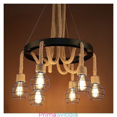 Retro styl 6hlavý závěsný lustr z konopného lana s železným stínidlem Retro styl 6hlavý závěsný lustr z konopného lana s železným stínidlem