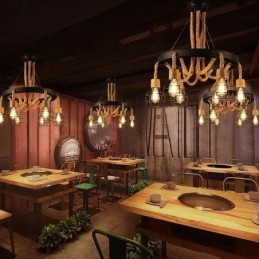 Retro styl 6hlavý závěsný lustr z konopného lana s železným stínidlem