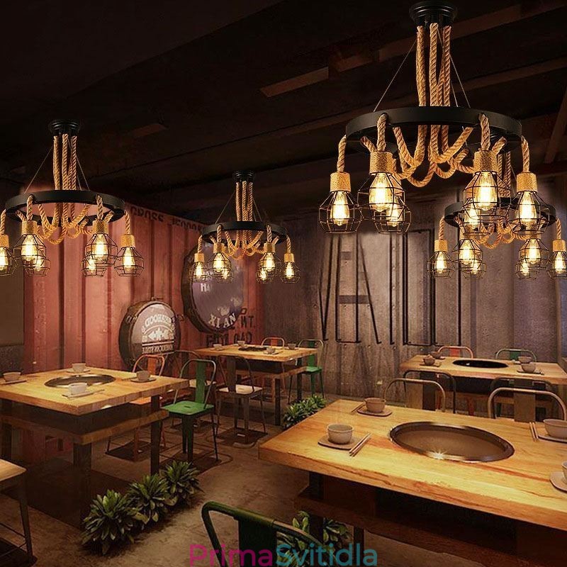 Retro styl 6hlavý závěsný lustr z konopného lana s železným stínidlem