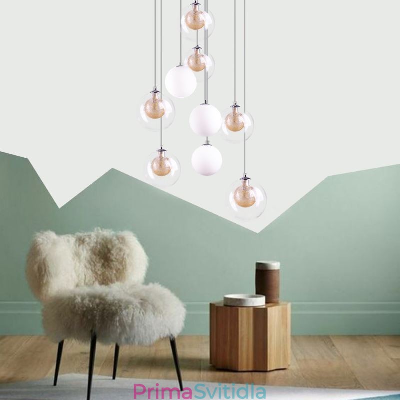 Přívěsek Light Glass Cluster Stropní světle zlatý nikl kartáčovaný + mléčná skleněná koule