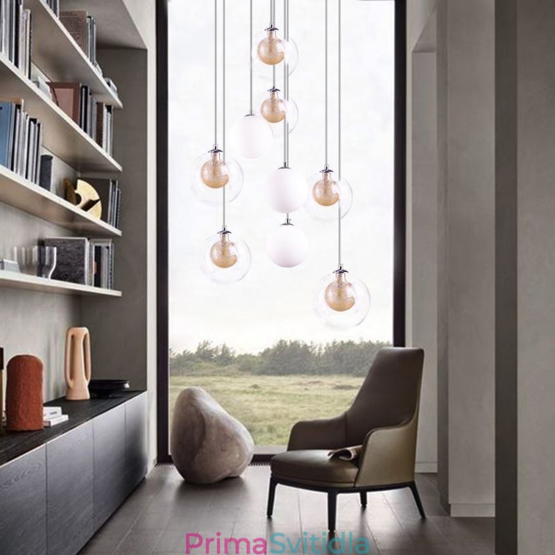 Přívěsek Light Glass Cluster Stropní světle zlatý nikl kartáčovaný + mléčná skleněná koule