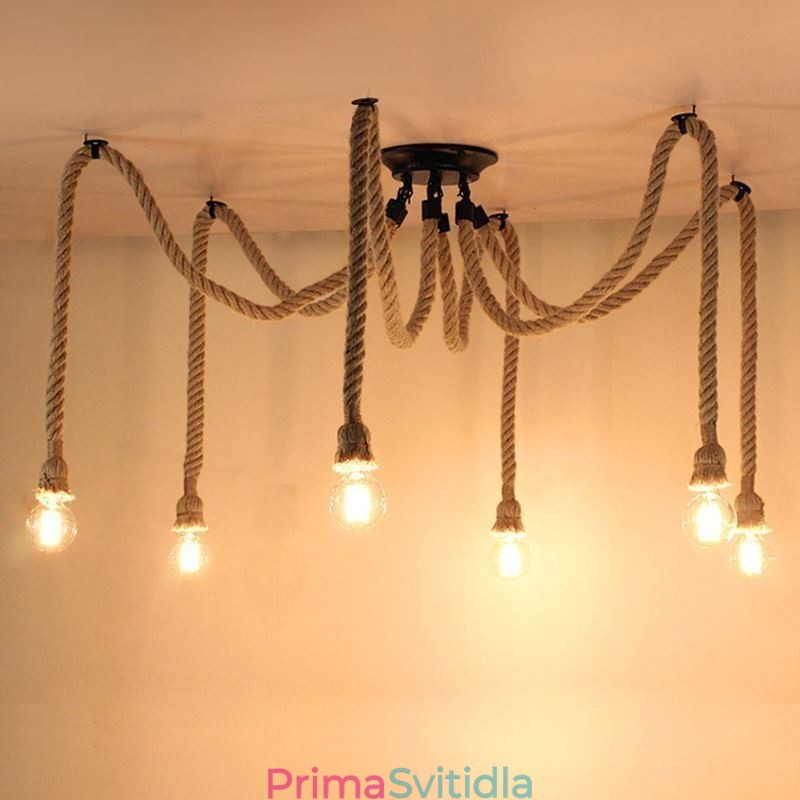 Retro Style 6 10hlavé závěsné světlo Konopný provazový lustr Vintage stropní svítidlo