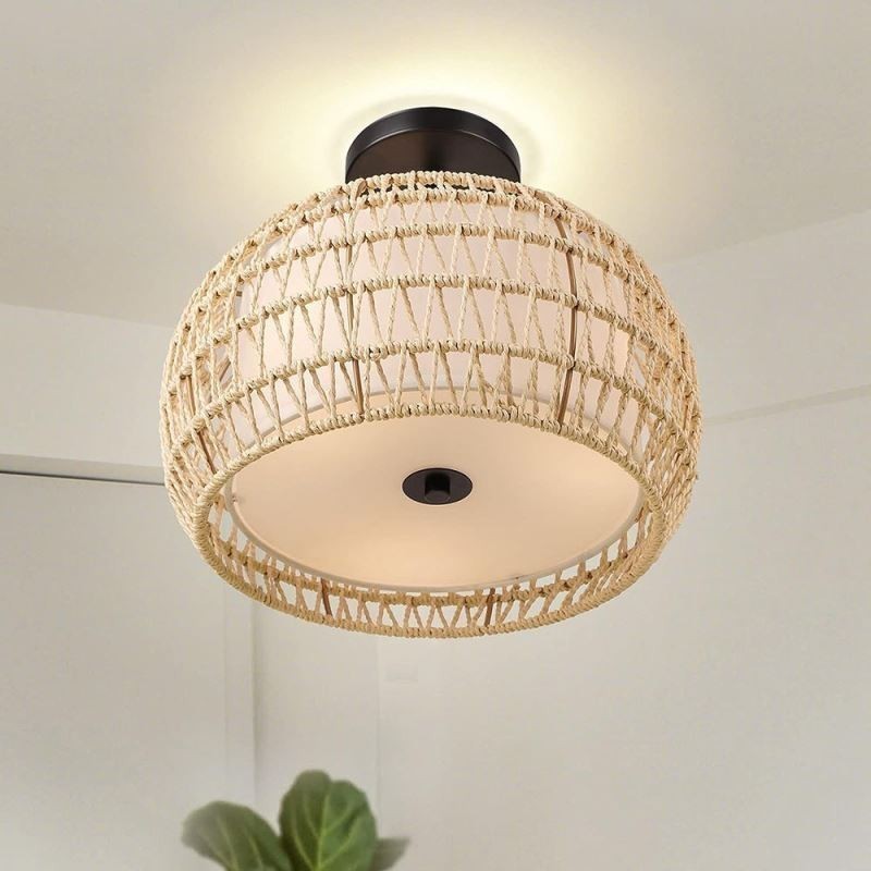 Zapuštěný držák z papírového lana, kulaté stínidlo 32 cm, 3 světla