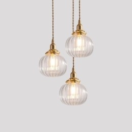 Skleněné závěsné světlo Čiré kulatá žebrovaná lampa ve tvaru dýně 1 světlo