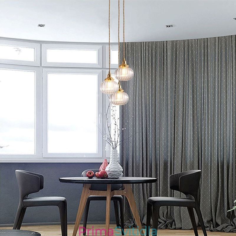 Skleněné závěsné světlo Čiré kulatá žebrovaná lampa ve tvaru dýně 1 světlo