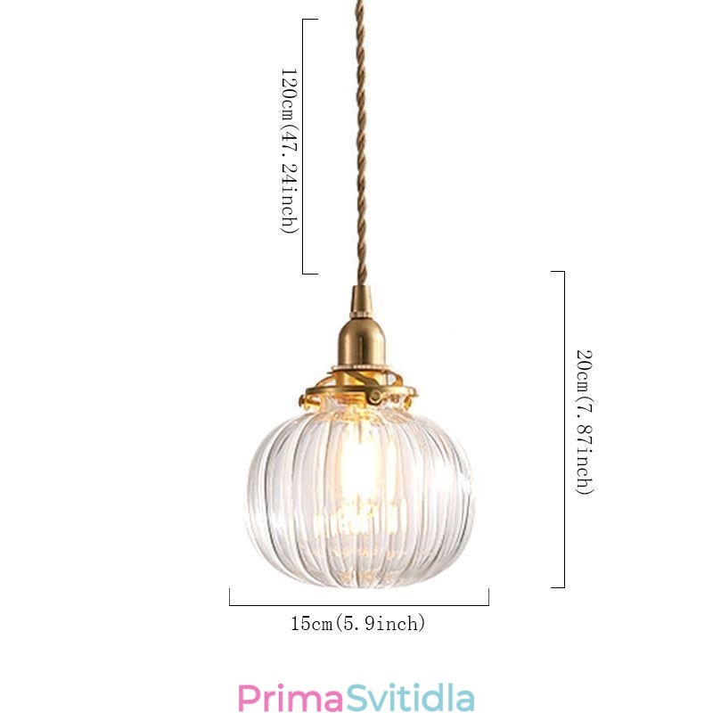 Skleněné závěsné světlo Čiré kulatá žebrovaná lampa ve tvaru dýně 1 světlo
