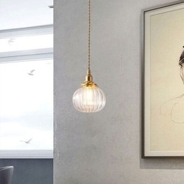 Skleněné závěsné světlo Čiré kulatá žebrovaná lampa ve tvaru dýně 1 světlo