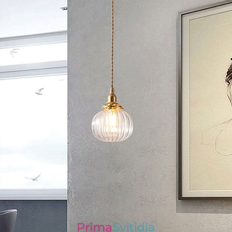 Skleněné závěsné světlo Čiré kulatá žebrovaná lampa ve tvaru dýně 1 světlo