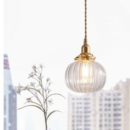 Skleněné závěsné světlo Čiré kulatá žebrovaná lampa ve tvaru dýně 1 světlo