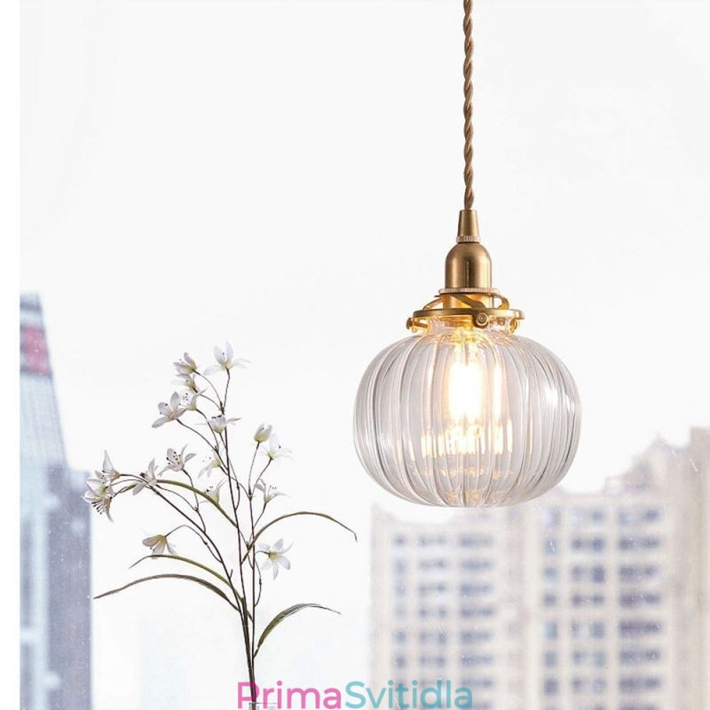 Skleněné závěsné světlo Čiré kulatá žebrovaná lampa ve tvaru dýně 1 světlo