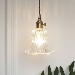 Závěsná lampa ve tvaru květiny z čirého žebrovaného skla s otočným spínačem