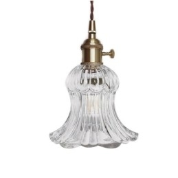 Závěsná lampa ve tvaru květiny z čirého žebrovaného skla s otočným spínačem