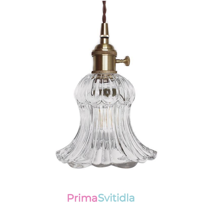 Závěsná lampa ve tvaru květiny z čirého žebrovaného skla s otočným spínačem