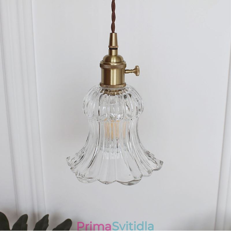 Závěsná lampa ve tvaru květiny z čirého žebrovaného skla s otočným spínačem