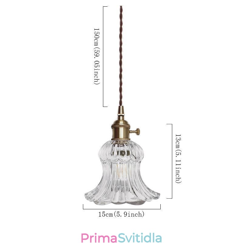 Závěsná lampa ve tvaru květiny z čirého žebrovaného skla s otočným spínačem
