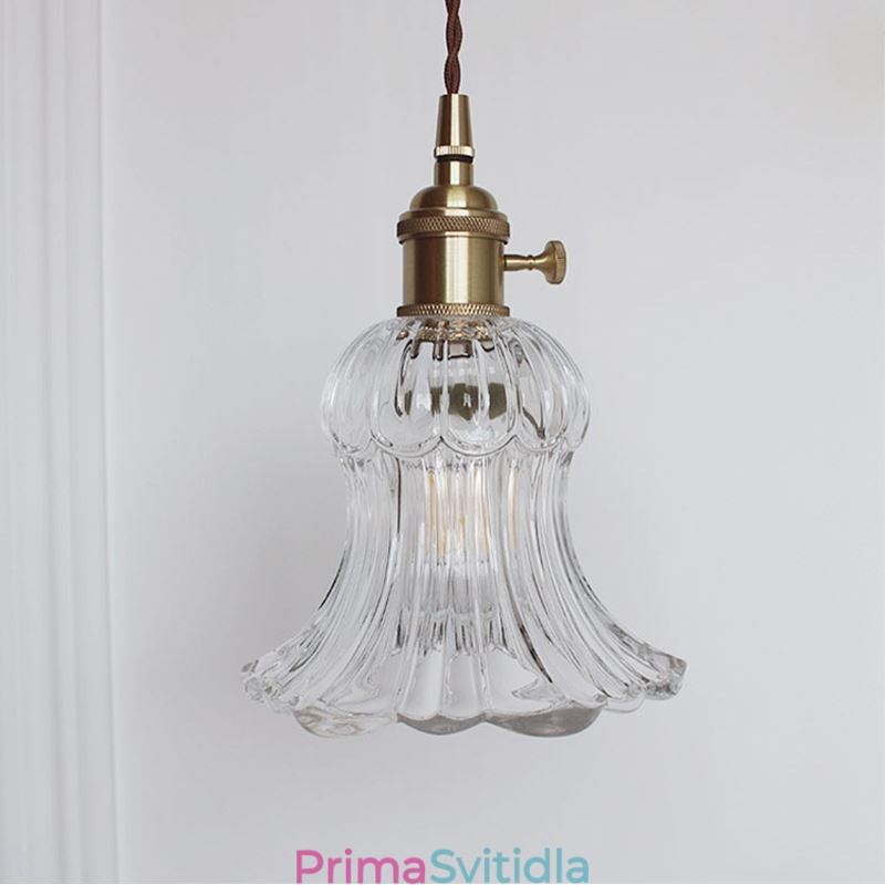 Závěsná lampa ve tvaru květiny z čirého žebrovaného skla s otočným spínačem