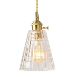 Čtvercová závěsná mosazná lampa z čirého žebrovaného skla s osvětlením s otočným spínačem