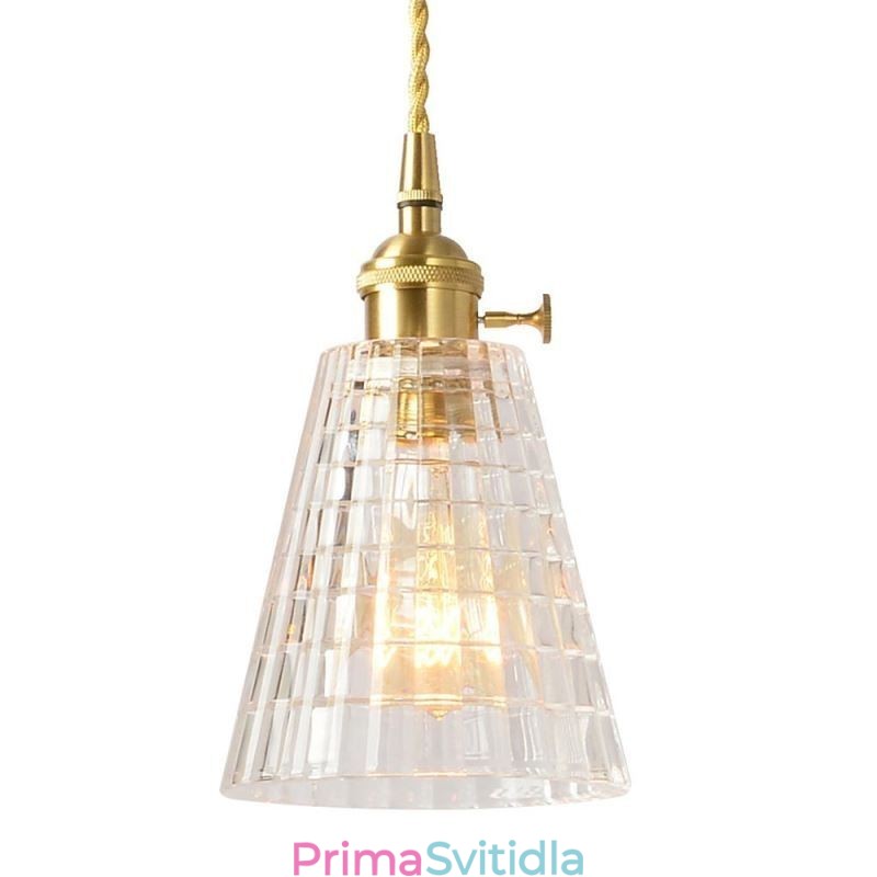 Čtvercová závěsná mosazná lampa z čirého žebrovaného skla s osvětlením s otočným spínačem