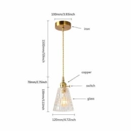 Čtvercová závěsná mosazná lampa z čirého žebrovaného skla s osvětlením s otočným spínačem