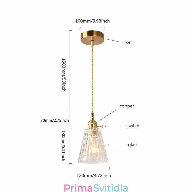 Čtvercová závěsná mosazná lampa z čirého žebrovaného skla s osvětlením s otočným spínačem
