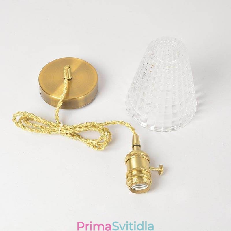 Čtvercová závěsná mosazná lampa z čirého žebrovaného skla s osvětlením s otočným spínačem