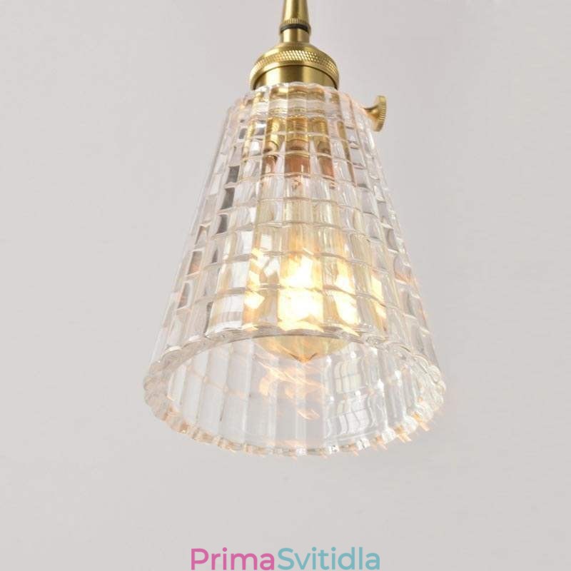 Čtvercová závěsná mosazná lampa z čirého žebrovaného skla s osvětlením s otočným spínačem