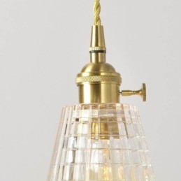 Čtvercová závěsná mosazná lampa z čirého žebrovaného skla s osvětlením s otočným spínačem