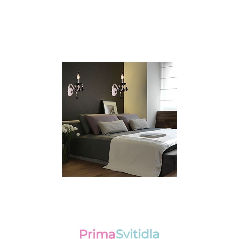 Černé křišťálové nástěnné svítidlo se svíčkovou žárovkou