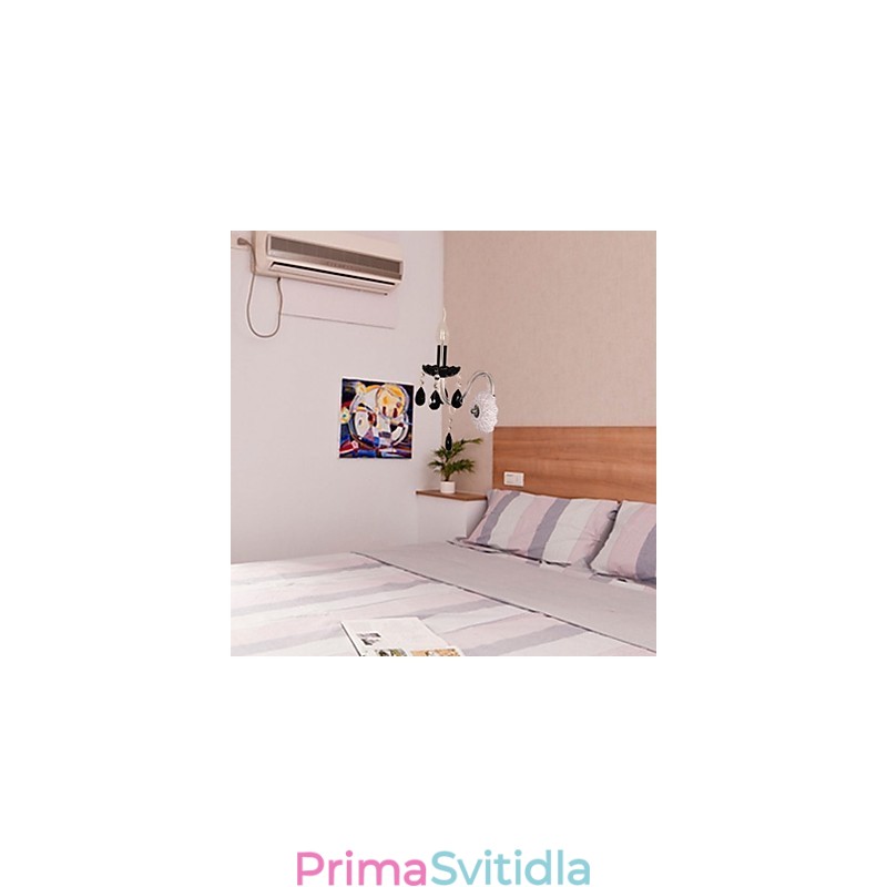 Černé křišťálové nástěnné svítidlo se svíčkovou žárovkou