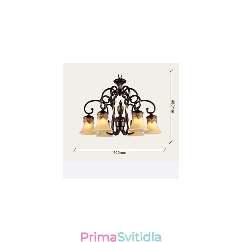 Lustrové závěsné svítidlo 6 světel Stínidlo dolů Vintage Country kov+sklo