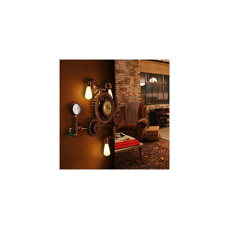 Vintage Industrial Pipe Nástěnná svítidla Dřevo Tvar ozubeného kola Kreativní otočná světla Restaurace Kavárna Bar Dekorační osvětlení