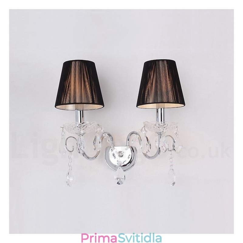 2 Světle chromově stříbrná barva K9 Crystal Candle Retro skleněné nástěnné svítidlo s černými látkovými stínidly