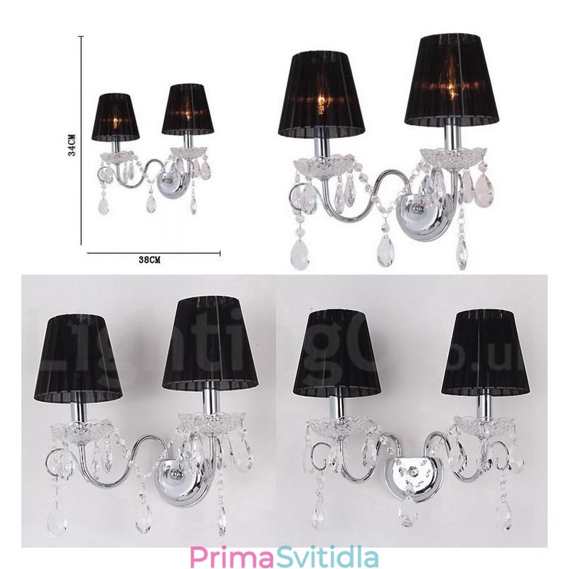2 Světle chromově stříbrná barva K9 Crystal Candle Retro skleněné nástěnné svítidlo s černými látkovými stínidly