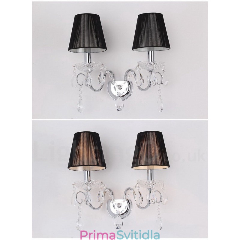 2 Světle chromově stříbrná barva K9 Crystal Candle Retro skleněné nástěnné svítidlo s černými látkovými stínidly