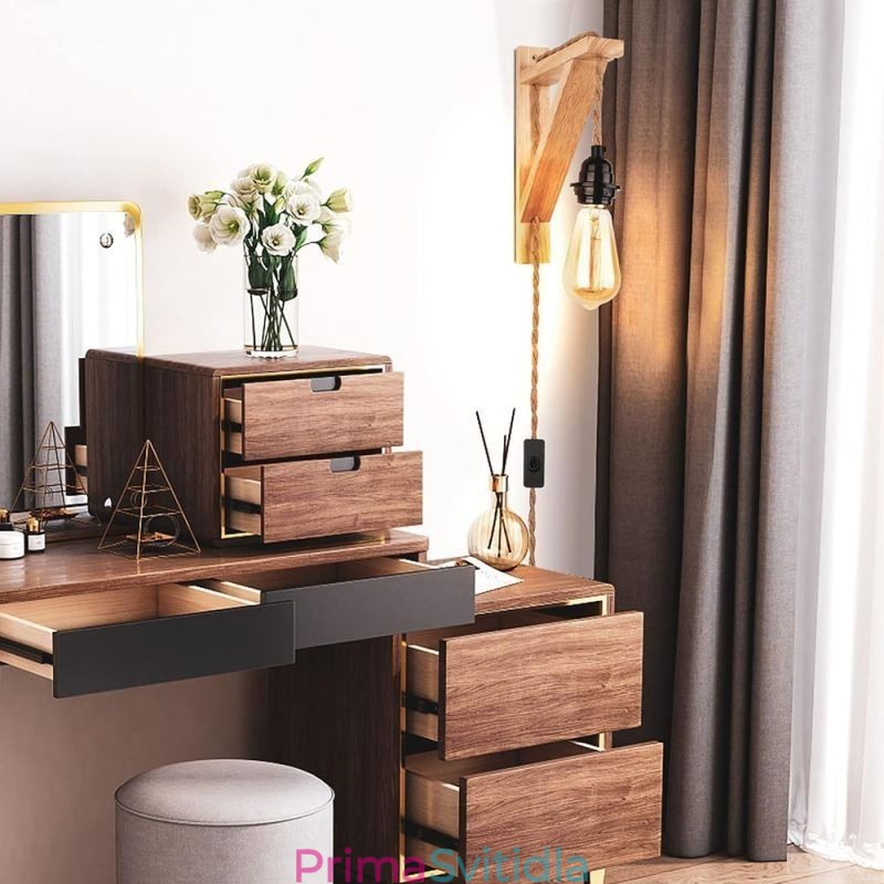 Nástěnné svítidlo z masivního dřeva Americké pastorační retro konopné nástěnné svítidlo se zástrčkou