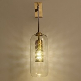 Nástěnná lampa ze severské mosazi, vnitřní dutý válec, skleněné stínidlo