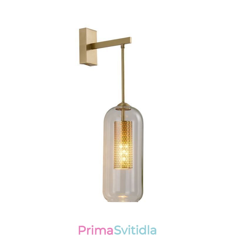 Nástěnná lampa ze severské mosazi, vnitřní dutý válec, skleněné stínidlo