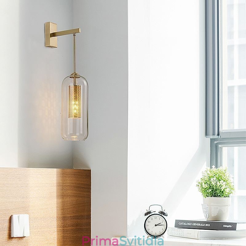Nástěnná lampa ze severské mosazi, vnitřní dutý válec, skleněné stínidlo